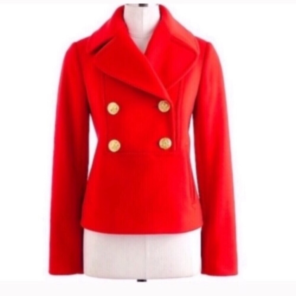 J. Crew Vibrant Red Pea Coat with Gold Buttons